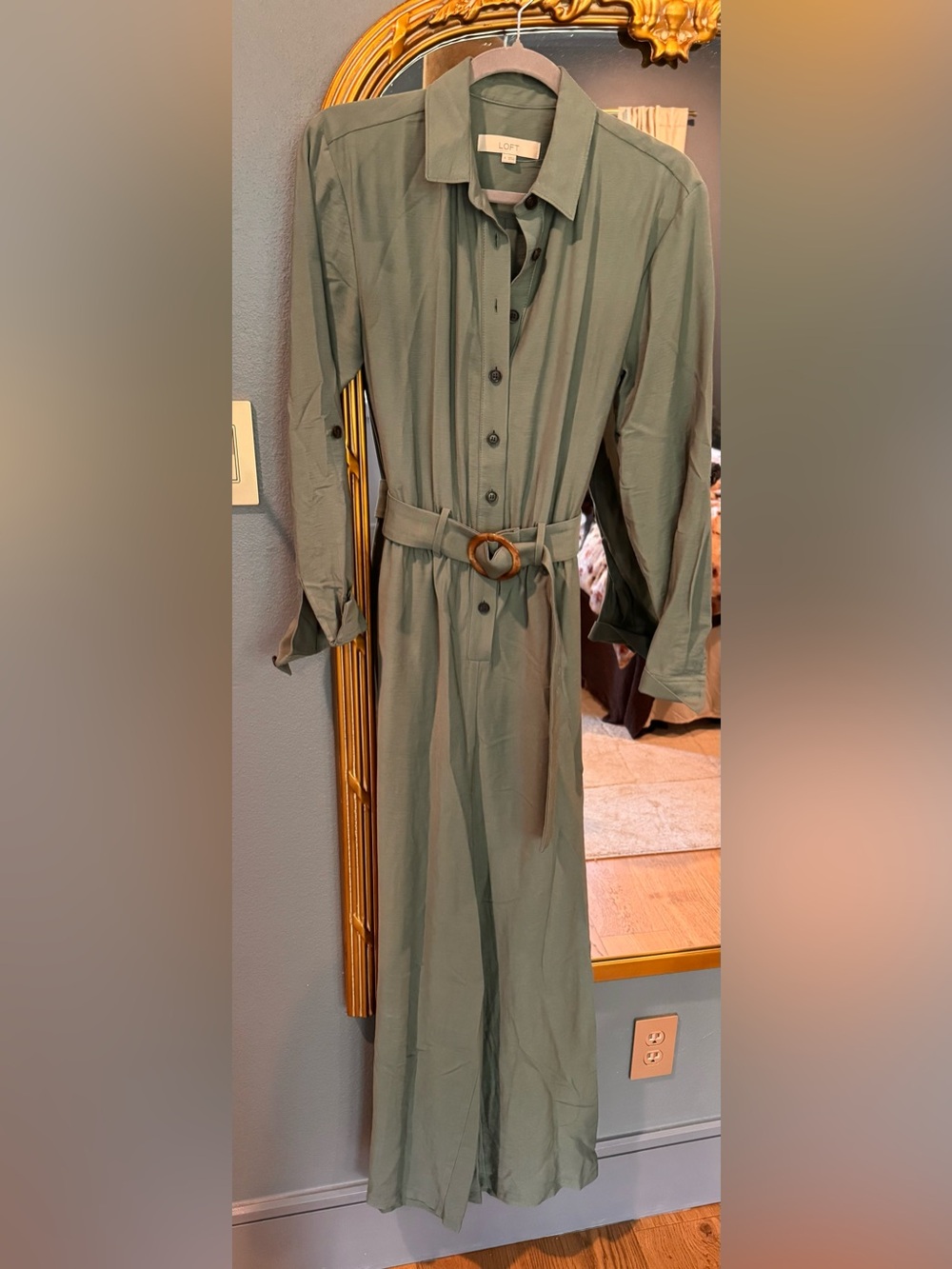LOFT Olive Green Long Sleeve Button-Front Belted Shirt Dress